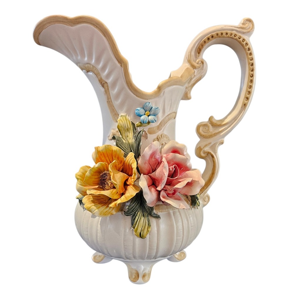 Vintage Capodimonte Italian Porcelain Floral Pitcher Gold Trim 3D Flowers Italy